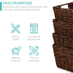 Best Choice Products Set of 4 Multipurpose Stackable Seagrass Laundry Organizer Tote Baskets w/ Insert Handles