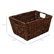 Seagrass storage basket tote with open top and side handles, shown with measurements