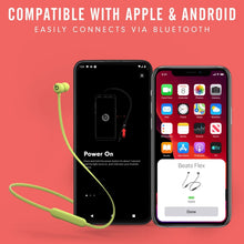 Wireless in-ear earphones with black earbuds connected by a green cable