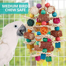 Hanging bird chew toy with corn cob blocks, rattan ball, rope, and colorful beads