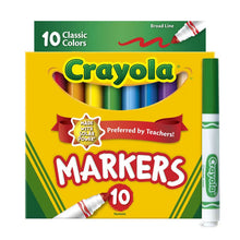 Crayola Broad Line markers box with 10 classic colors and a single marker