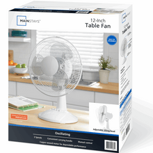 Table fan retail box showing white 12-inch fan with oscillation and tilt head