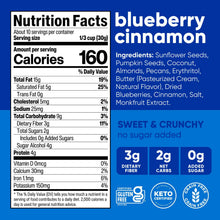 Nutrition facts panel for NuTrail nut granola, 160 calories, blueberry cinnamon