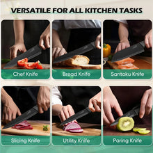 Assorted kitchen knives shown for chef, bread, santoku, slicing, utility, and paring
