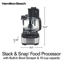 Black and stainless steel 10-cup food processor with clear bowl and snap lid