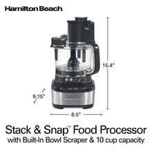 Black 10-cup food processor with clear bowl and lid, side view with handle and controls