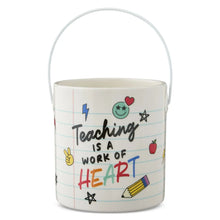 Ceramic pail with handle, multicolor teacher-themed text and icons