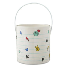 Ceramic pail front with multicolor teacher icons and striped design