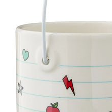 Ceramic pail side panel with handle and small heart, bolt, and apple icons