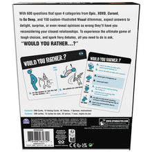 Game box back with question categories and illustrated sample cards