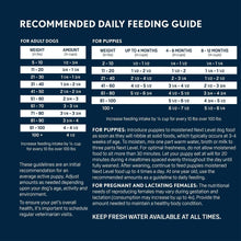 Blue Next Level recommended daily feeding guide for adult dogs and puppies
