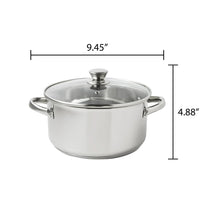 Stainless steel Dutch oven with glass lid and riveted handles; 9.45 in