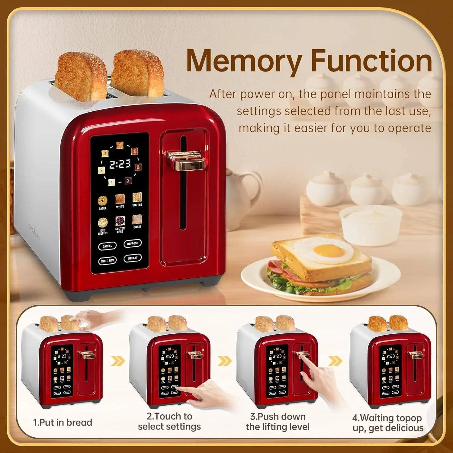 SEEDEEM Toaster 2 Slice, Touch Control Stainless Toaster LCD Display, 50% Faster Heating Speed, 1.4'' Wide Slots, More Timer Functions, Removable Crumb Tray, 1350W, Dark Metallic - USA MEGA SHOP