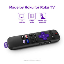 Black Roku TV remote control with purple directional pad and app shortcut buttons