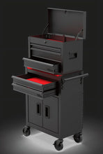 Black steel tool chest with open lid and drawers, red interior liners