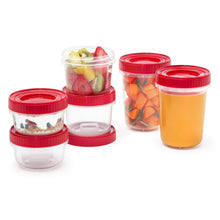 Assorted food storage containers with red lids, clear bodies, and white base