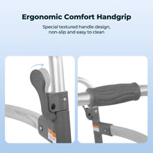 Walker handgrip detail with textured, non-slip black grip on a silver frame