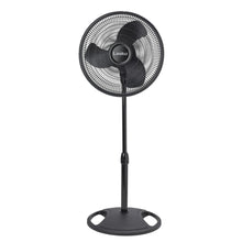 Black oscillating pedestal fan with front grille and stand base