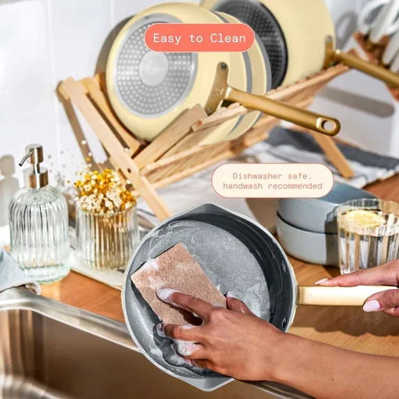 Beautiful 12-Piece Ceramic Nonstick Cookware Set, Pots and Pans with Strainer Lids, Buttercream by Drew Barrymore