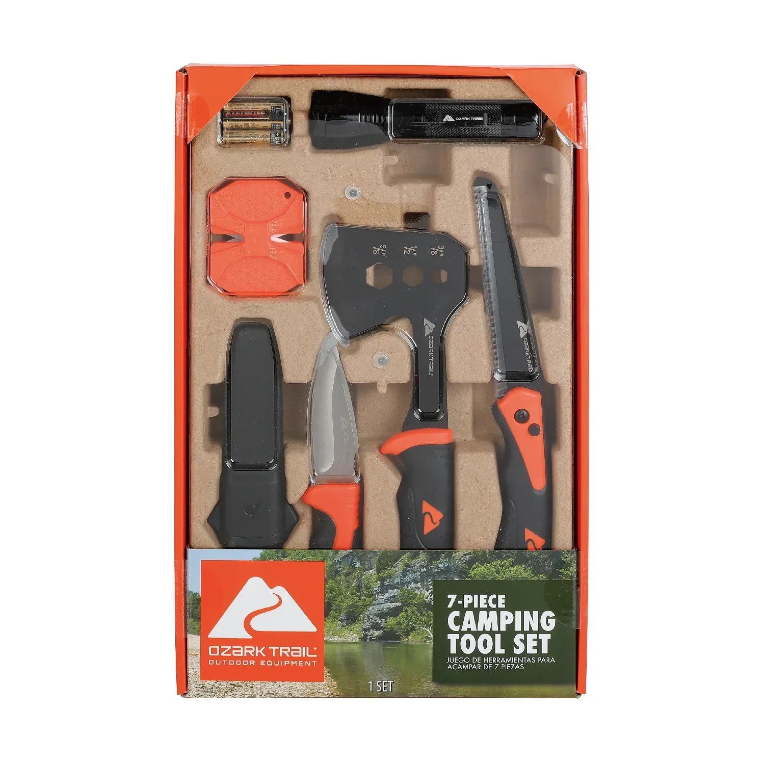 Ozark Trail 7-Piece Camping Tool Set with Hammer, Axe, Flashlight, and Knives, Batteries Included
