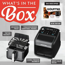 Black air fryer with included crisper tray and fryer basket shown in diagram