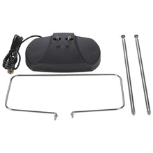 Indoor TV antenna kit with black base, coax cable, and two metal rods