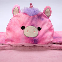 Pink animal-face hooded throw blanket with floppy ears and snout detail on top