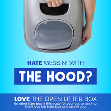 Grey open-top cat litter box with rounded front hood panel and side grips