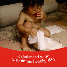 Baby wipes box with pull tab and pH balanced wipe health text