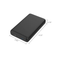 onn portable power bank, black with dual USB-C and USB-A ports, side view