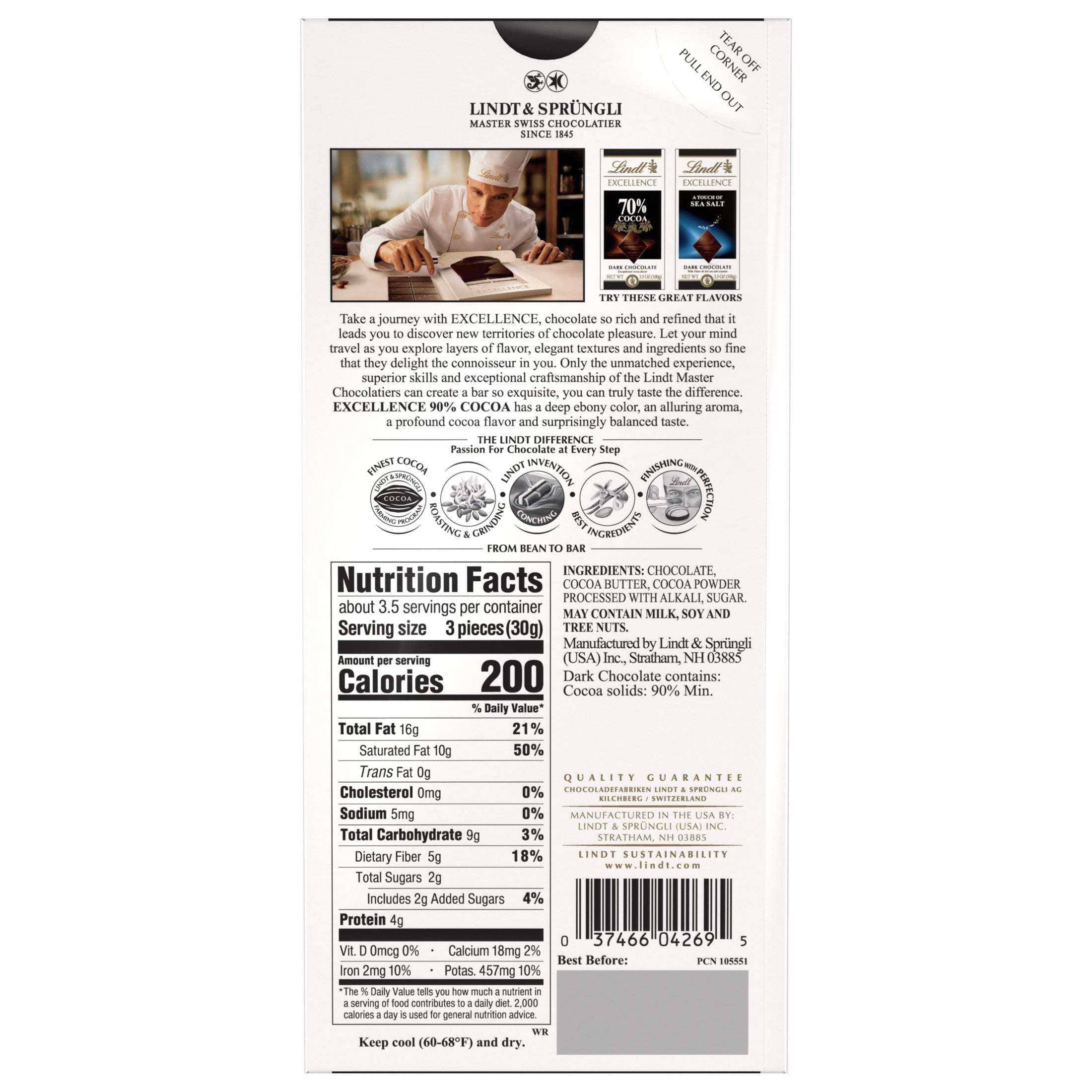 Lindt Excellence, Dark Chocolate, 90% Cocoa, Candy Bar, 3.5 oz, Bar