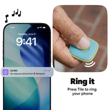 Blue Bluetooth tracker tile on finger with keyring loop, ring notification shown