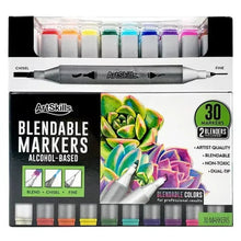 Dual-tip blendable alcohol marker set box with 30 markers and color swatches