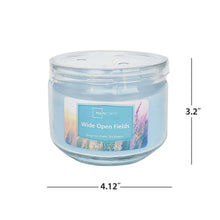 Wide Open Fields 3-wick glass jar candle, Corydalis Blue, with size markings