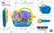 Ms. Rachel karaoke boombox with purple speaker, colorful buttons, and wired microphone.