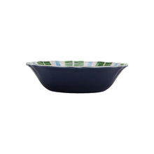 Sardine motif cereal bowl, dark navy body with green and blue striped rim