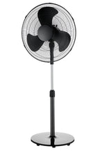 Black pedestal fan with three-blade grille and round stand base.