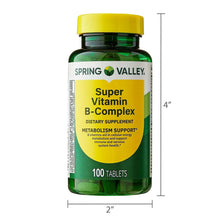 Super Vitamin B-Complex dietary supplement bottle with size dimensions, 100 tablets
