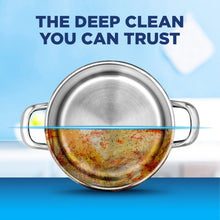 Dishwasher detergent pods promo, stainless pot with baked-on residue and deep-clean glow