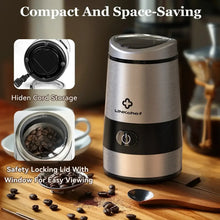 Electric coffee grinder with open lid and safety-lock design; hidden cord storage shown