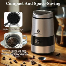LINKChef coffee grinder with safety-lock lid and window view, showing cord storage
