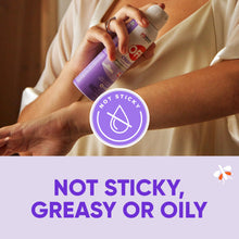 Insect repellent aerosol being applied to skin, white cap and purple can