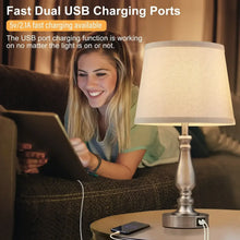 Table lamp with white linen shade and metal base, fast dual USB charging ports