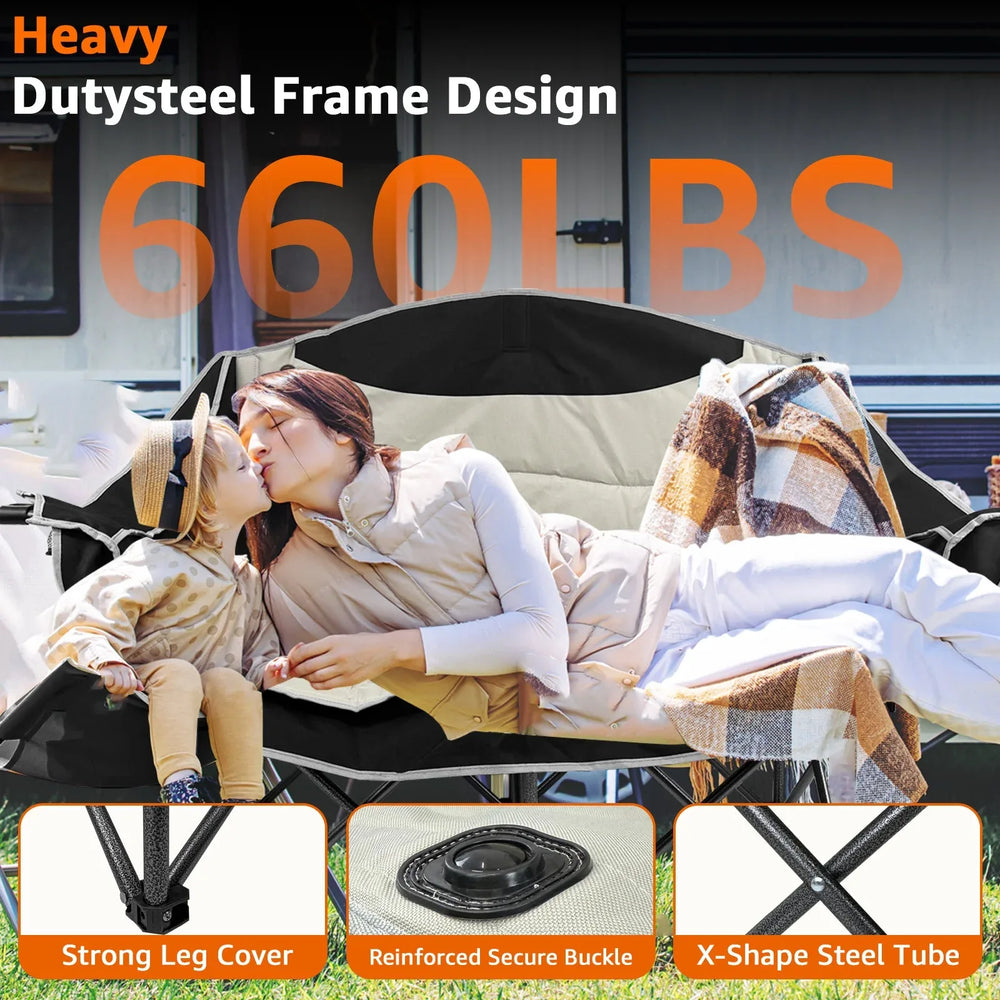 Jacgood Double Camping Chair for Couples, Comfortable Folding Loveseat with 2 Cup Holders & Armrests, Heavy-Duty 660lb Capacity for Camping - USA MEGA SHOP