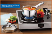 Stainless steel saucepan with glass straining lid and side handles