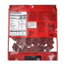 Beef jerky pouch back with nutrition facts, ingredients, and visible jerky pieces
