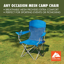Blue mesh camping chair with cupholder and side table, folding steel frame