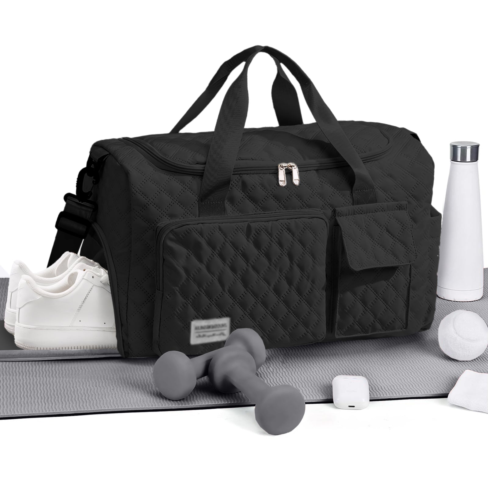 DAKIMOE Travel Duffle Bag for Women Men, Weekender Bags Carry on Gym Bag with Wet Pocket/Adjustable Strap/Shoe Compartment, Foldable Waterproof Overnight Tote Bag for Plane Sports Dance, Black