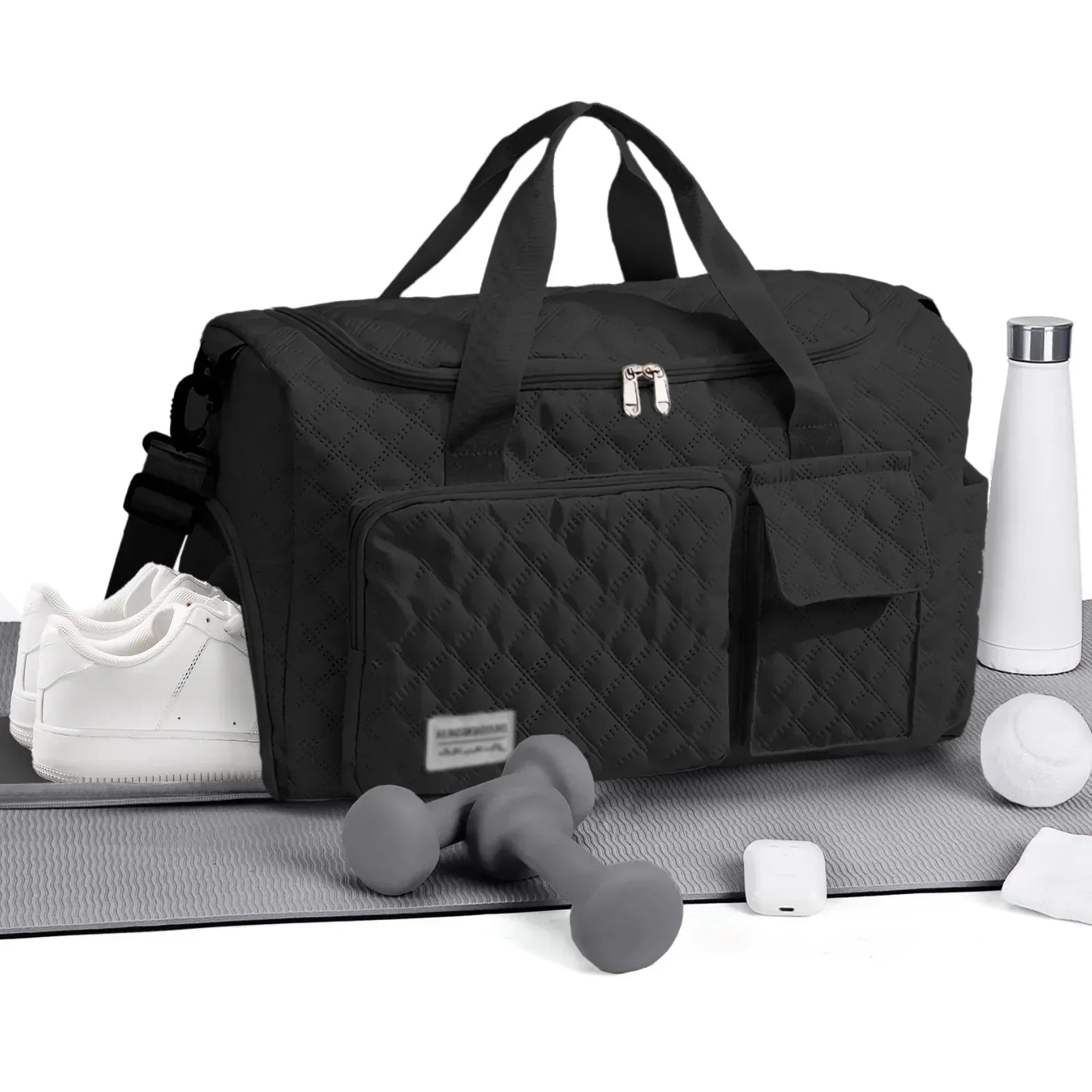 DAKIMOE Travel Duffle Bag for Women Men, Weekender Bags Carry on Gym Bag with Wet Pocket/Adjustable Strap/Shoe Compartment, Foldable Waterproof Overnight Tote Bag for Plane Sports Dance, Black