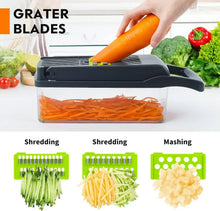 Vegetable chopper grater blade in black top with clear container, shredding orange carrot